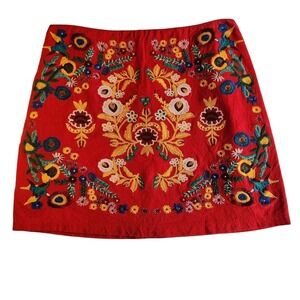 UMGEE Linen Mini Skirt Womens Medium Red Mexican Floral Embroidered Boho